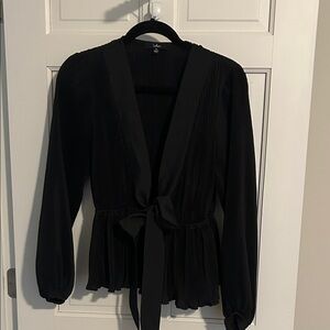 Lulu's Elegant Black Pleated Blouse with Waist Tie